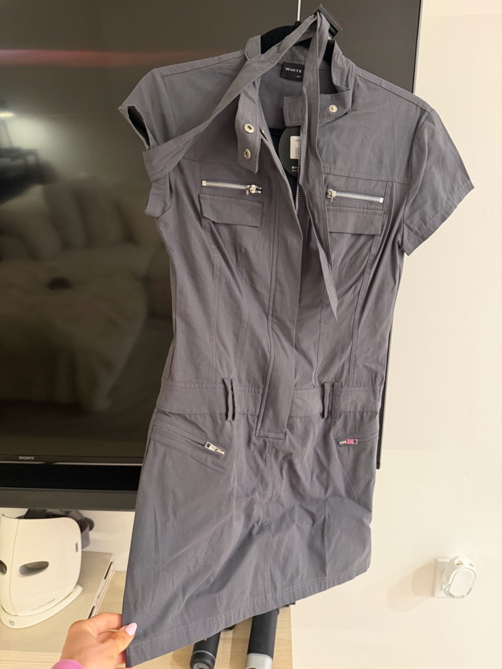 White Fox Boutique Gray Short-Sleeve Utility Mini Dress